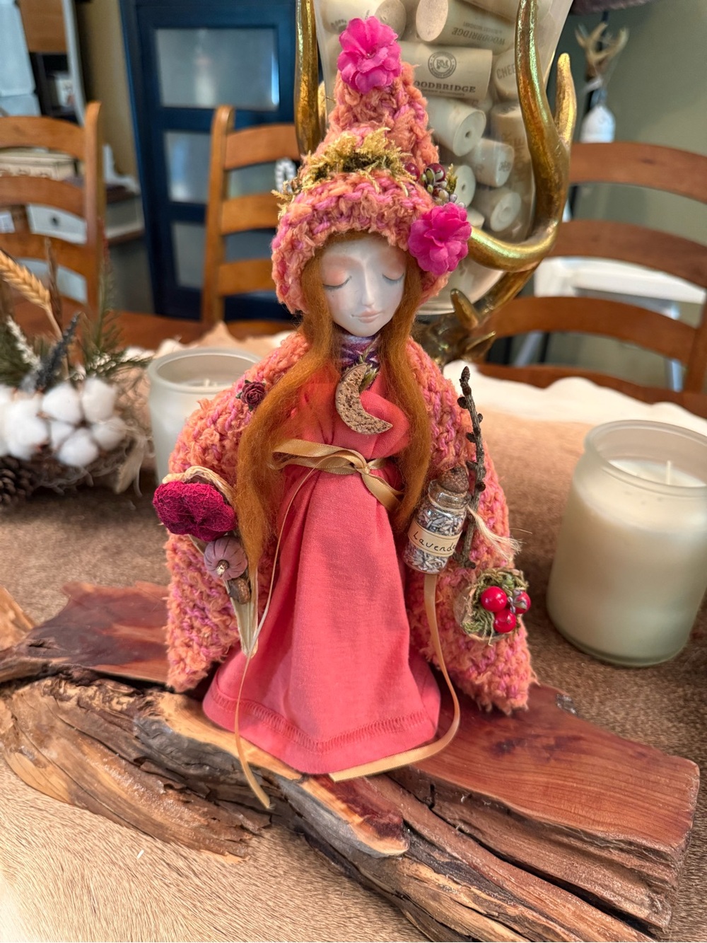 Handcrafted Pink Woodland Figurine Doll with Knit Coat